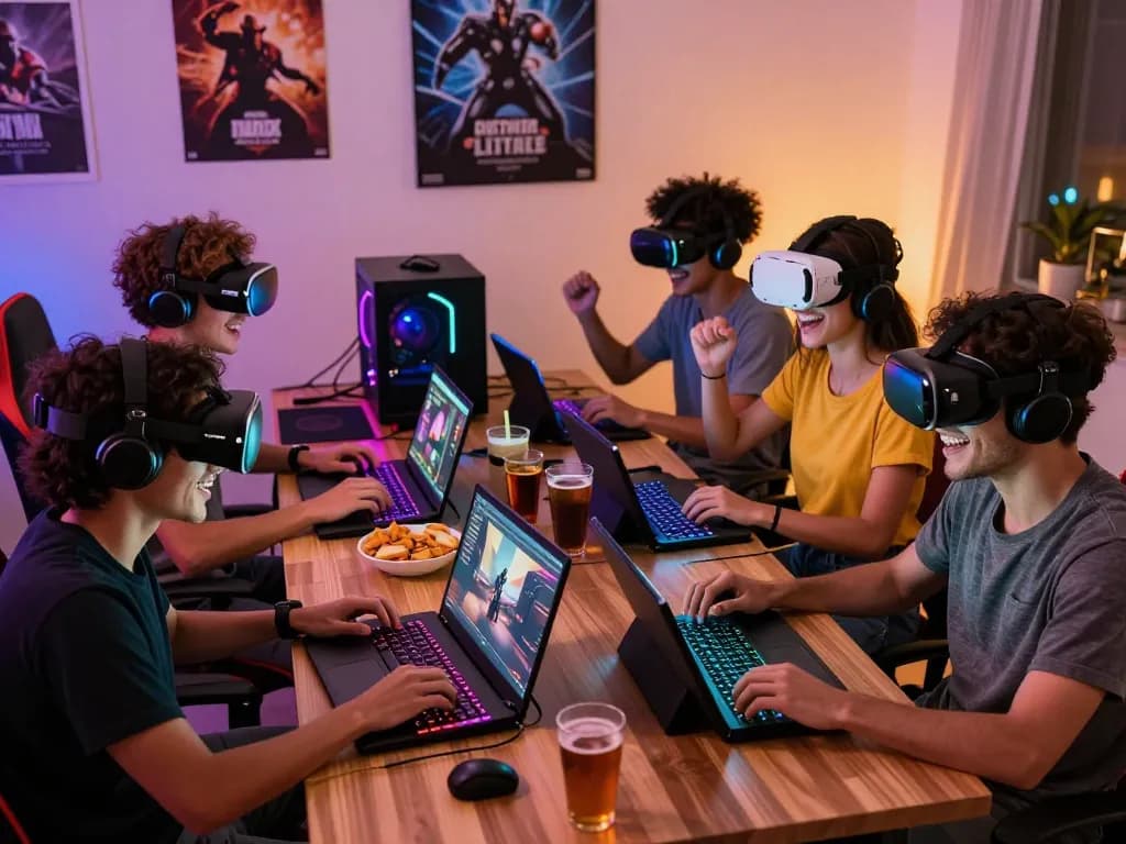 Friends enjoying a multiplayer game on BIOSKOP69, showcasing interactive online gaming and vibrant atmosphere.