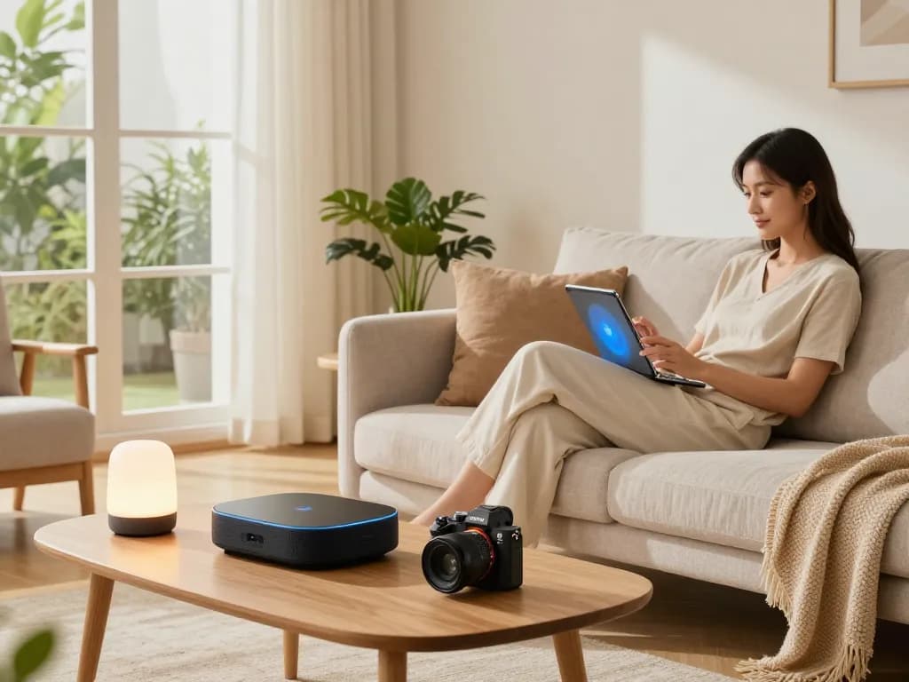 Relaxing living room with tech gadgets for home, Bluetooth speaker, smart lighting, and a woman using a tablet