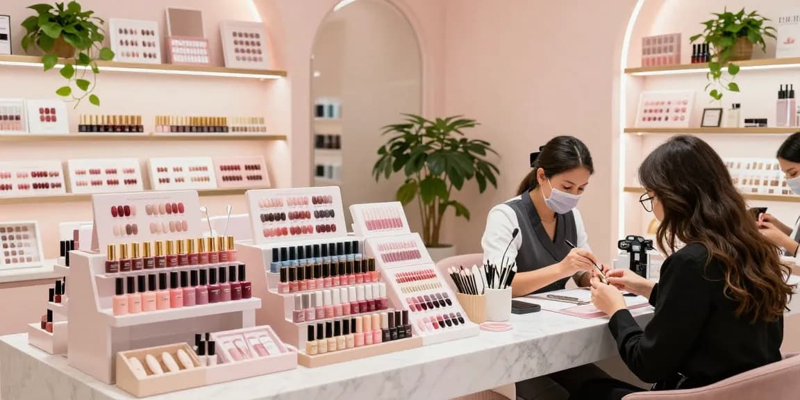 Ruang tunggu mewah di Tommy Nail Supply dengan produk LUXURY12 dan suasana yang nyaman.