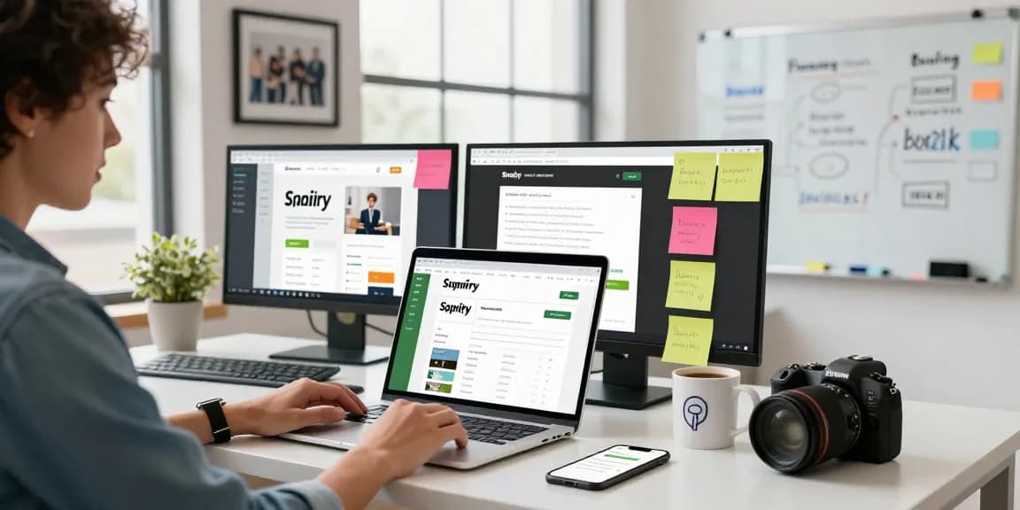 Entrepreneur using Shopify blog automation tools in a vibrant e-commerce workspace with analytics.