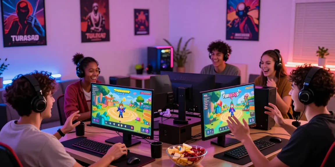 Friends enjoying a multiplayer Tunas4D gaming session in a lively living room.