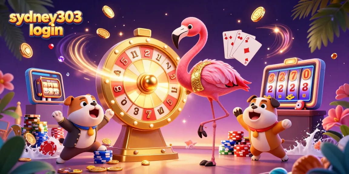 Masuk ke sydney303 login, temui host flamingo berkilauan dan bulldog bersemangat di kasino 3D.