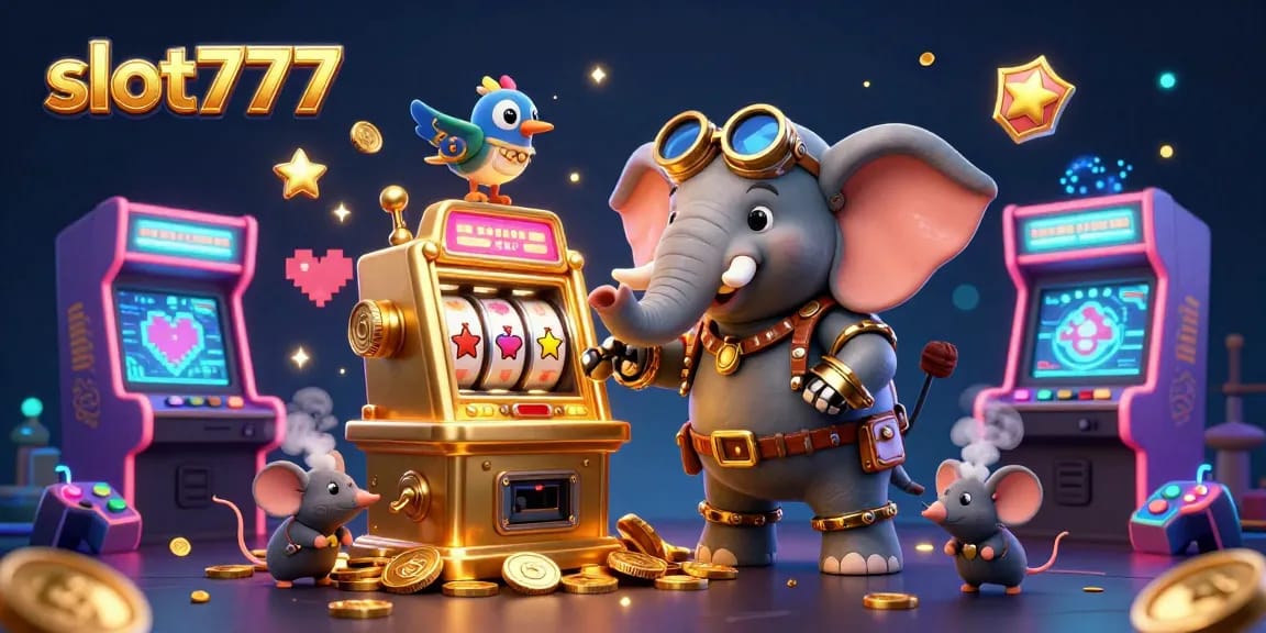 Bermain slot777 dengan mesin slot berdenominasi emas yang dikelola oleh karakter gajah steampunk yang menarik.