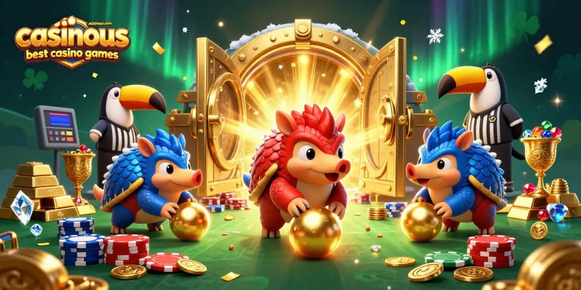 Experience the thrill of casinos with casinous.com best casino games, featuring animated pangolins, gold coins, and poker chips.