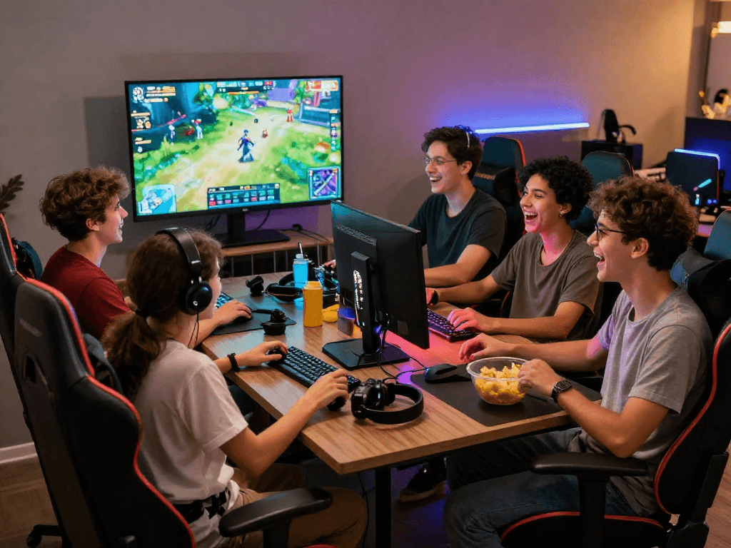 Friends enjoying rokok88 gaming together in a vibrant lounge