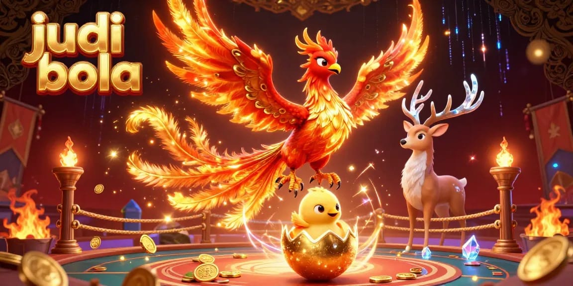 Engage in judi bola excitement with a mystical phoenix and stag in a vibrant betting atmosphere.