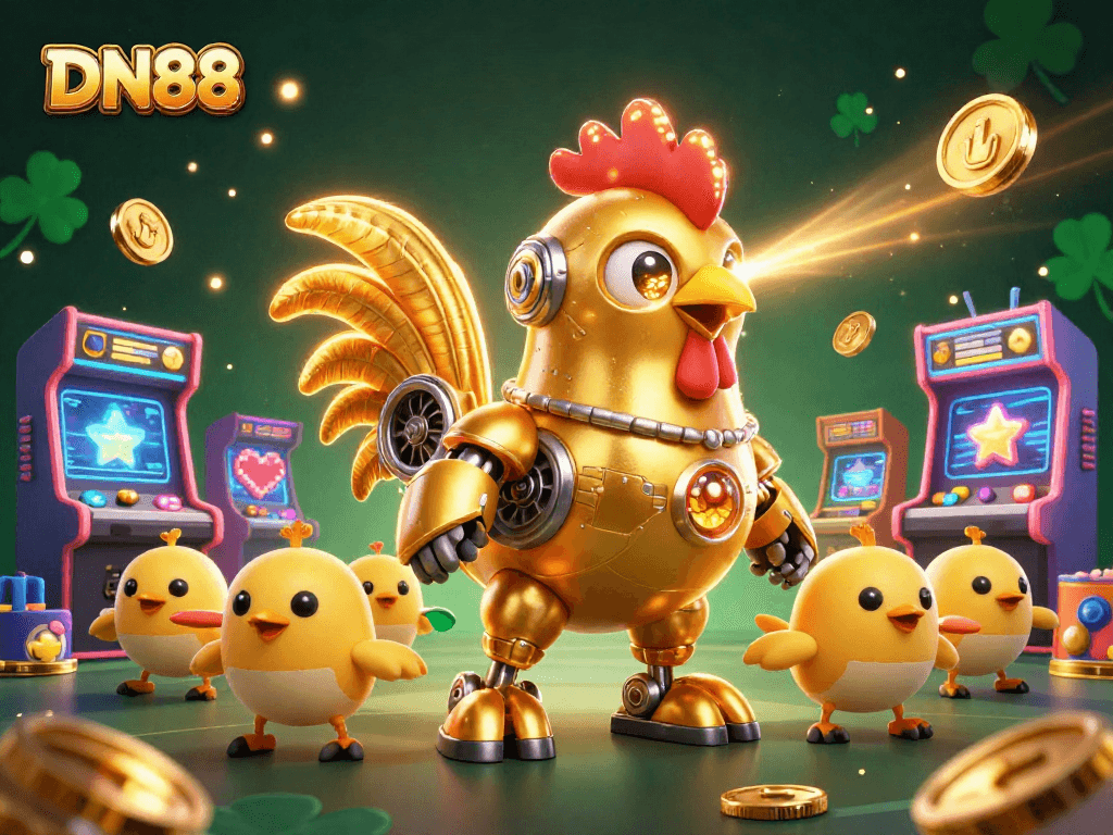 Join the excitement at DN88, where the golden rooster robot leads thrilling gaming adventures!