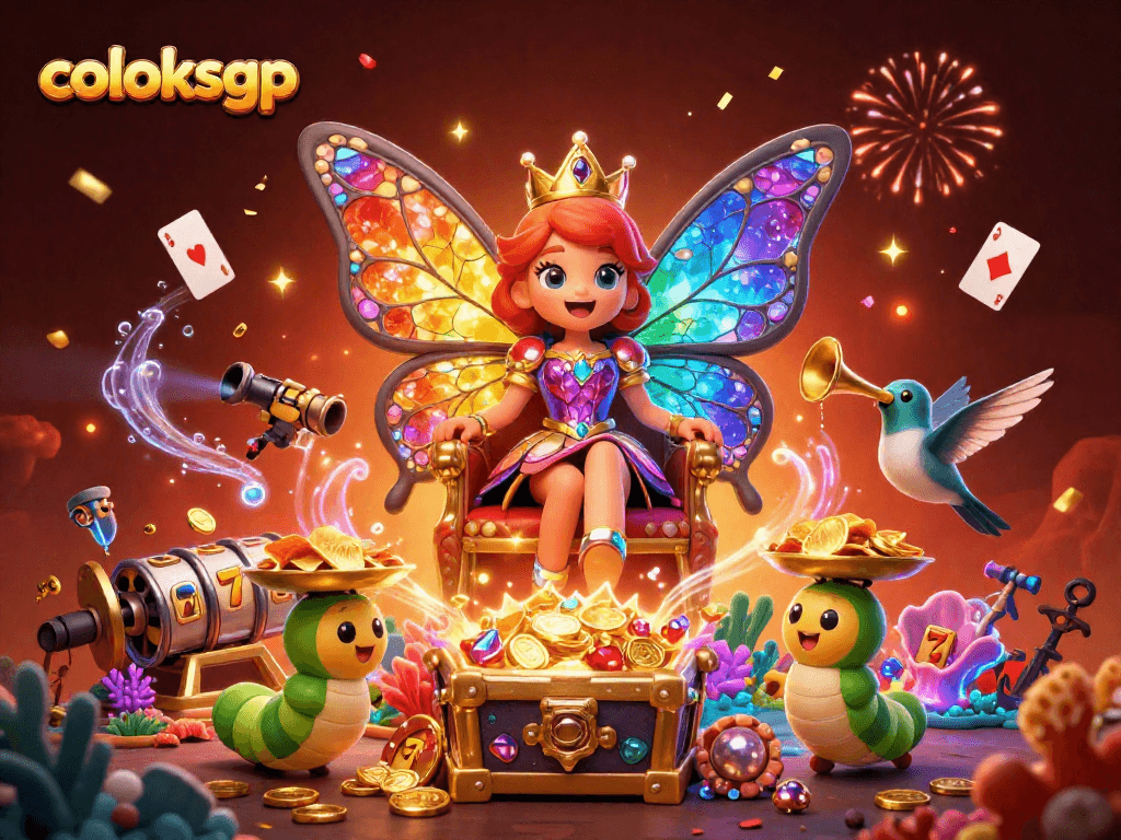Coloksgp menghadirkan ratu kupu-kupu animasi 3D dengan sayap kaca berwarna yang megah, dalam suasana kasino slot yang meriah.