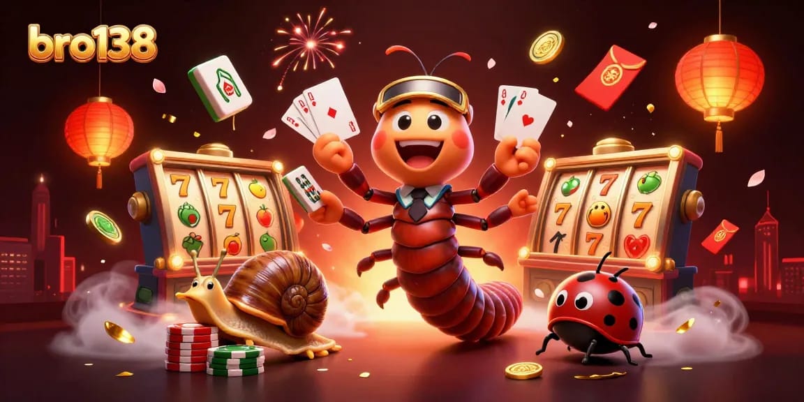 Spin to win with bro138's vibrant casino scene showcasing a millipede dealer and colorful slot reels.
