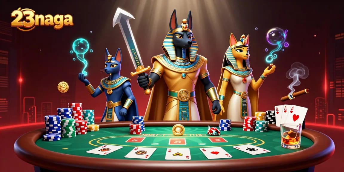 Gambarkan 23naga menang dalam permainan kartu di kasino, dikelilingi oleh chip poker warna-warni.