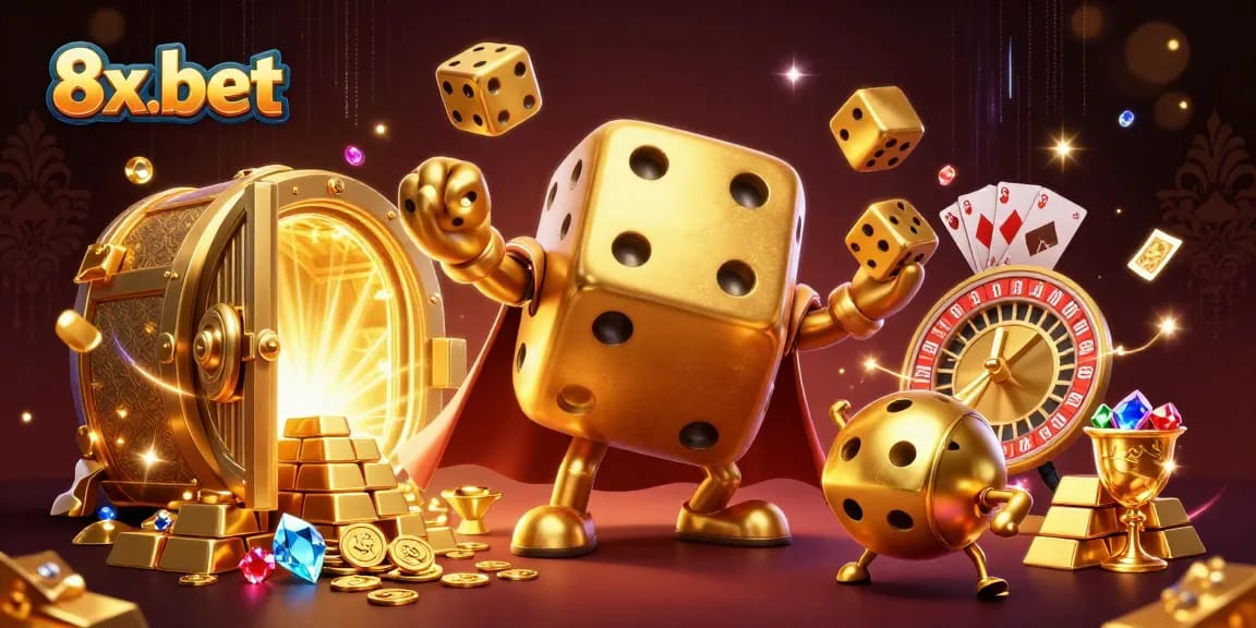 Engage with 8x-bet's exhilarating atmosphere through a vibrant 3D illustration packed with casino elements.