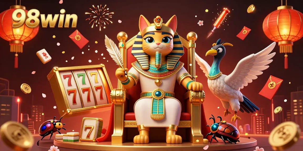 Engage in the excitement of 98win casino with vibrant characters and slot reels.