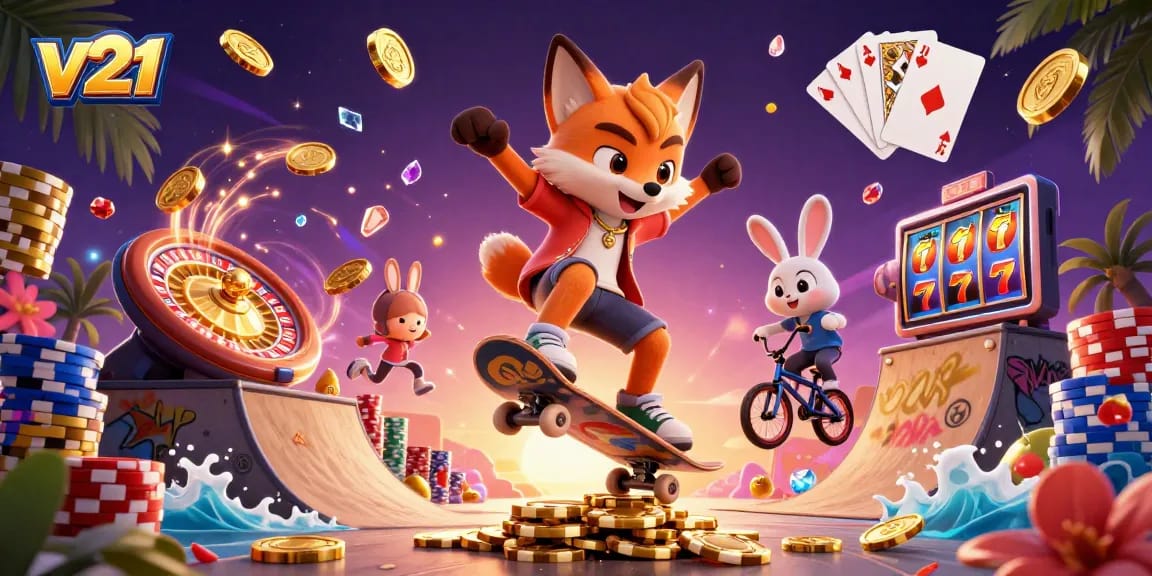 Melihat v21 dalam ilustrasi 3D, fox skateboarder dan kelinci BMX bersenang-senang di kasino.