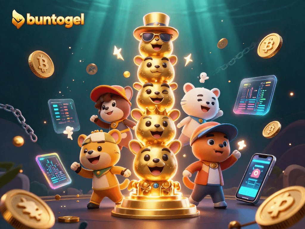 Experience exhilarating wins at buntogel with a vibrant 3D depiction of game excitement and crypto elements.
