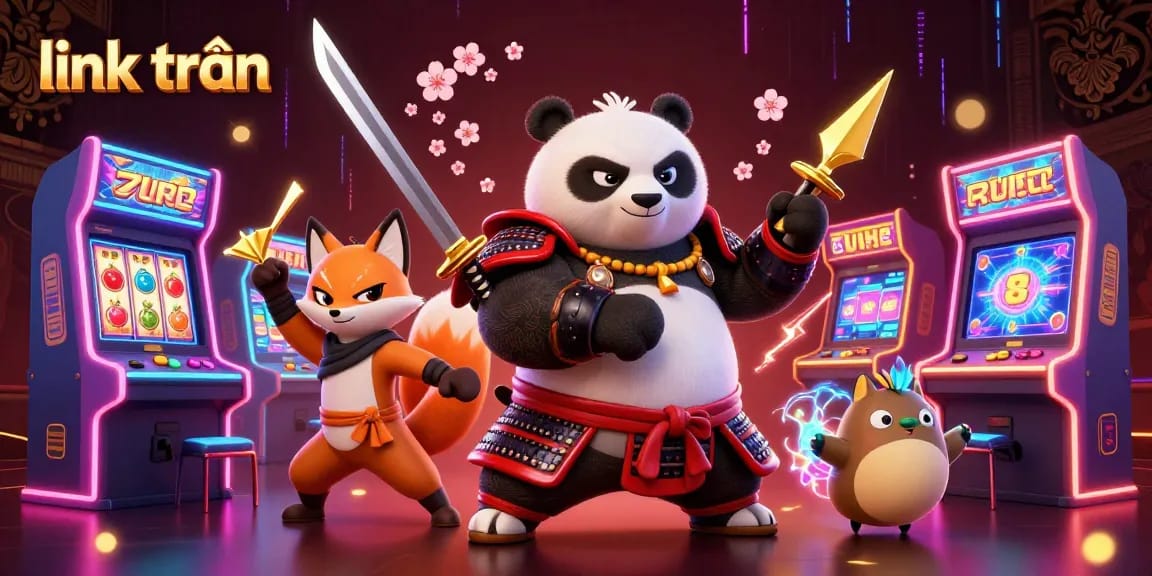 Win big with link trần in this vibrant casino scene with samurai panda and ninja fox.