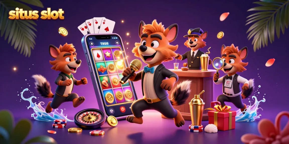 Situs slot illustration featuring hyenas in a comedy casino with slot games and vibrant casino elements.