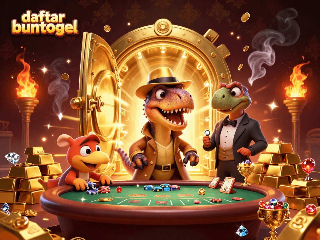 Engage with daftar buntogel as velociraptor card counter navigates blackjack table, surrounded by treasures.