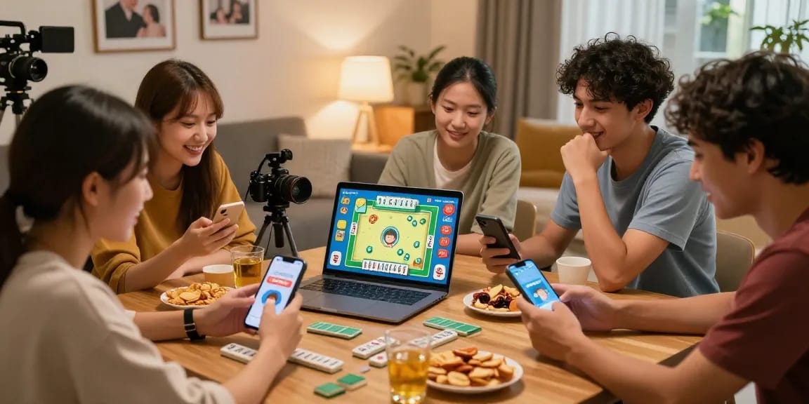 CIKA4D app brings friends together for exciting Mahjong gaming experience in a cozy living room.