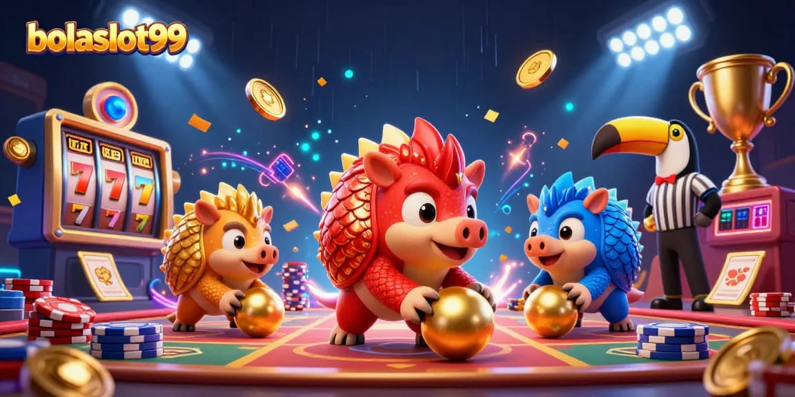 Action-packed scene featuring bolaslot99 with pangolins and slot reels amid vibrant gambling elements.