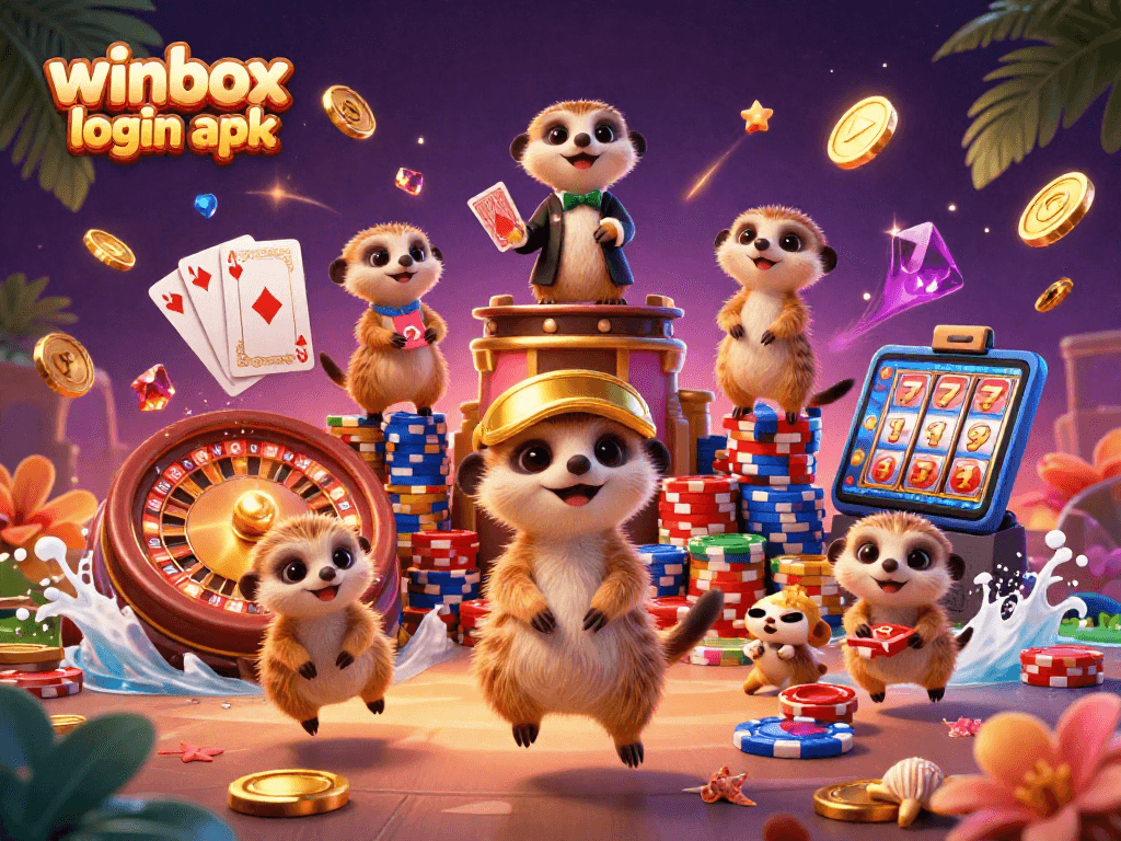 Engage with winbox login apk in this vibrant meerkat casino scene featuring card dealers and a pit boss.