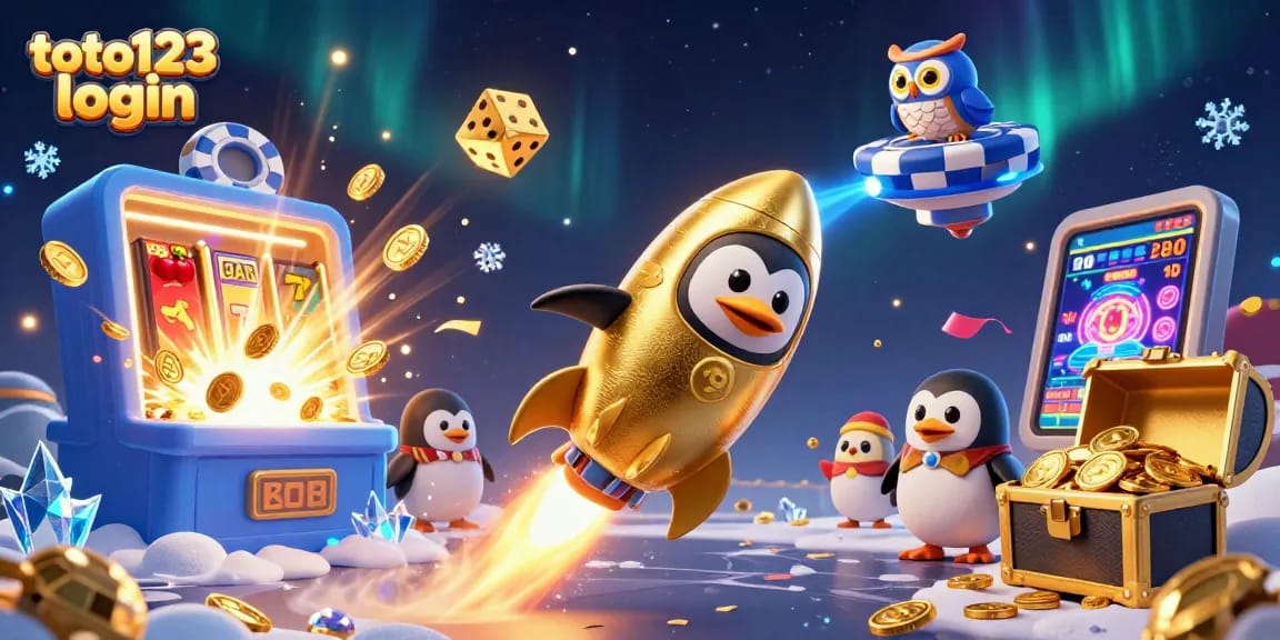 A vibrant illustration showcasing the toto123 login featuring a golden penguin and casino elements, emphasizing fun and excitement.