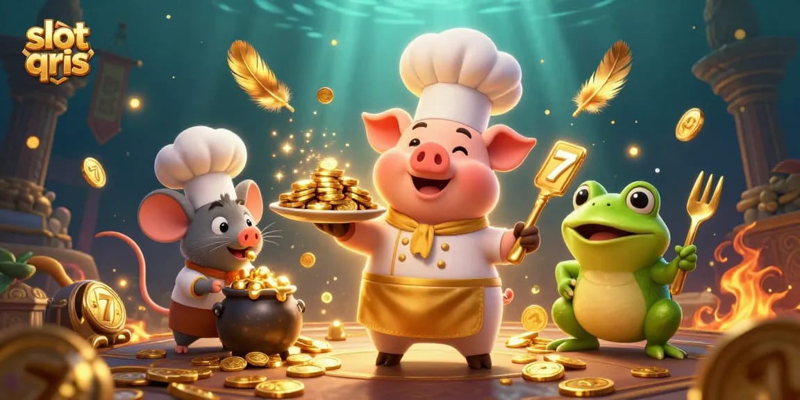 Spin the slot qris and win big with gold coins served by a chef pig in a vibrant casino scene.