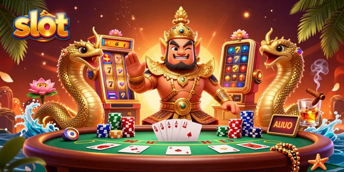 Menangkan slot dengan jackpot bertema kasino, penjaga kuil Thailand, dan unsur keberuntungan.