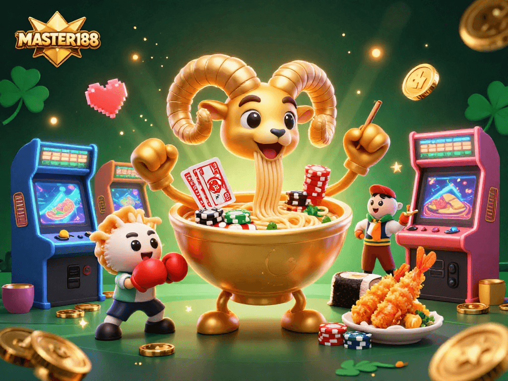 Experience the excitement of MASTER188 with colorful characters in an ultra-detailed 3D casino illustration.