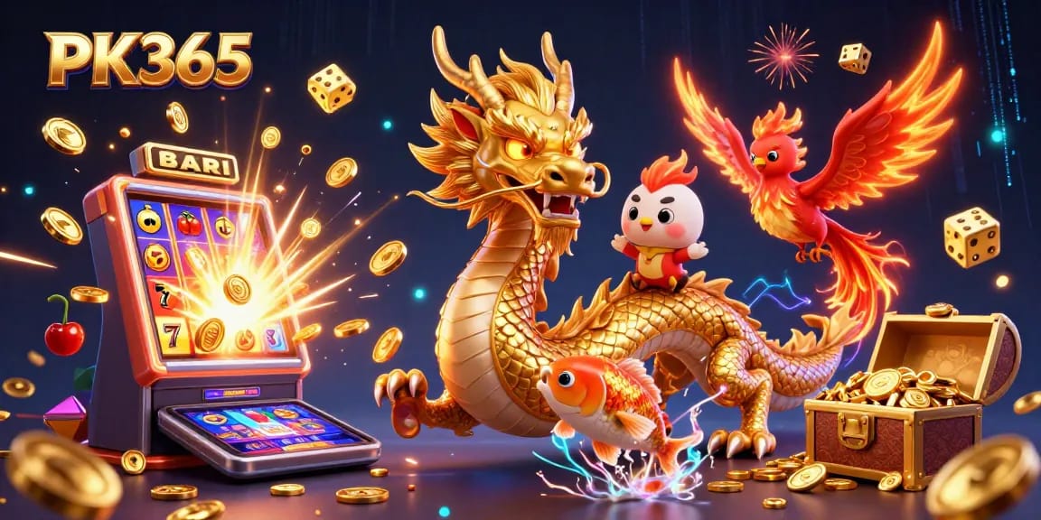 Win instant real money rewards with PK365 in this vibrant casino-themed illustration featuring a golden dragon.