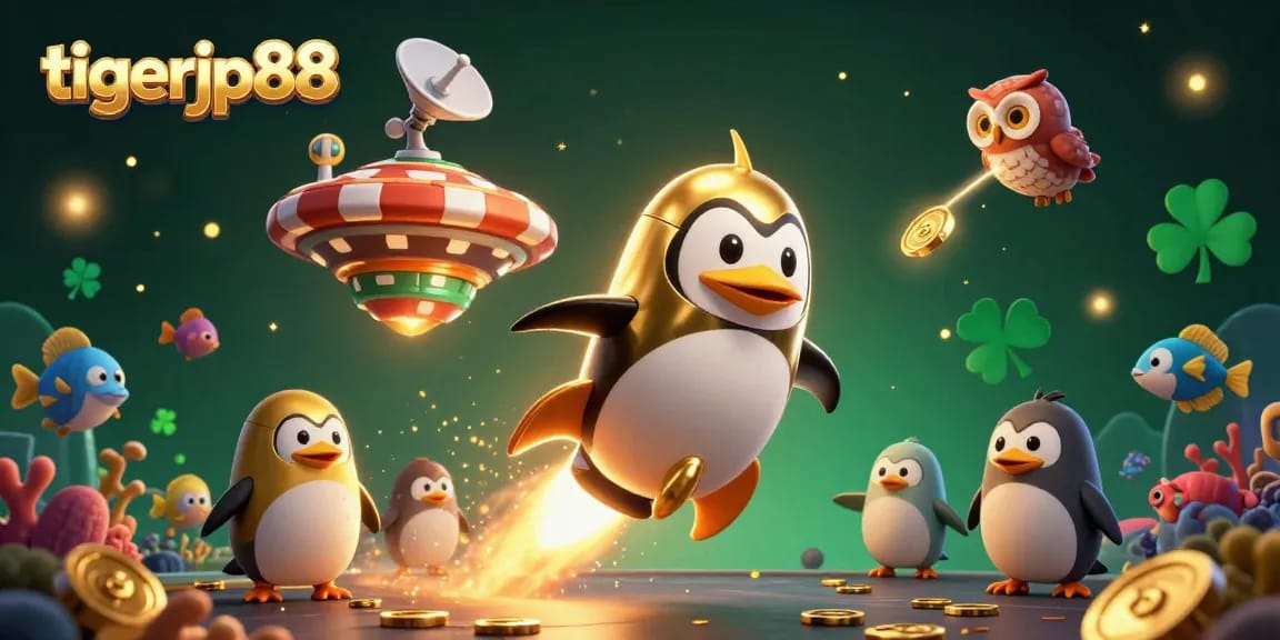 Mainkan tigerjp88 dengan karakter penguin emas yang menyenangkan dan elemen tembak ikan di latar belakang yang memikat.