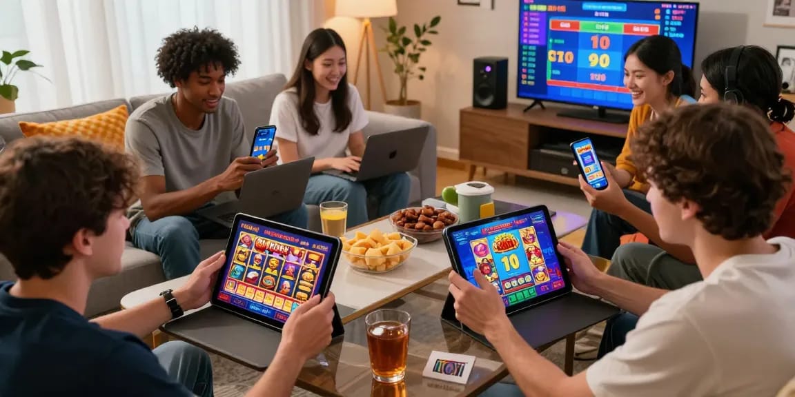 Players enjoying the pakhoki online slot gaming experience in a lively living room.