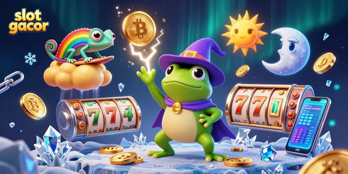 Win big with slot gacor as magical coins rain from a wizard frog and a chameleon on a golden cloud.