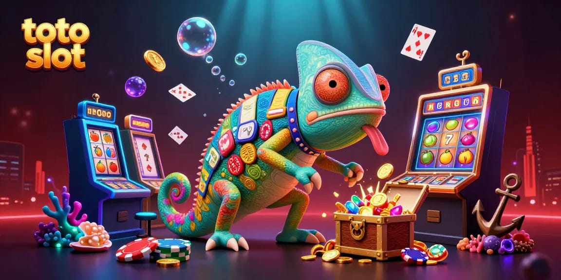 Menang di toto slot dengan chameleon pemilik kasino berwarna-warni dan banyak simbol slot mengelilinginya.