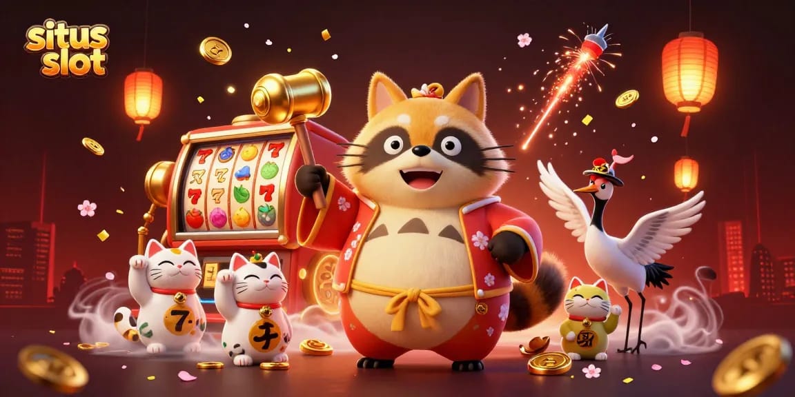 Engage in situs slot excitement with vibrant 3D characters and dynamic gambling elements in an animated casino scene.