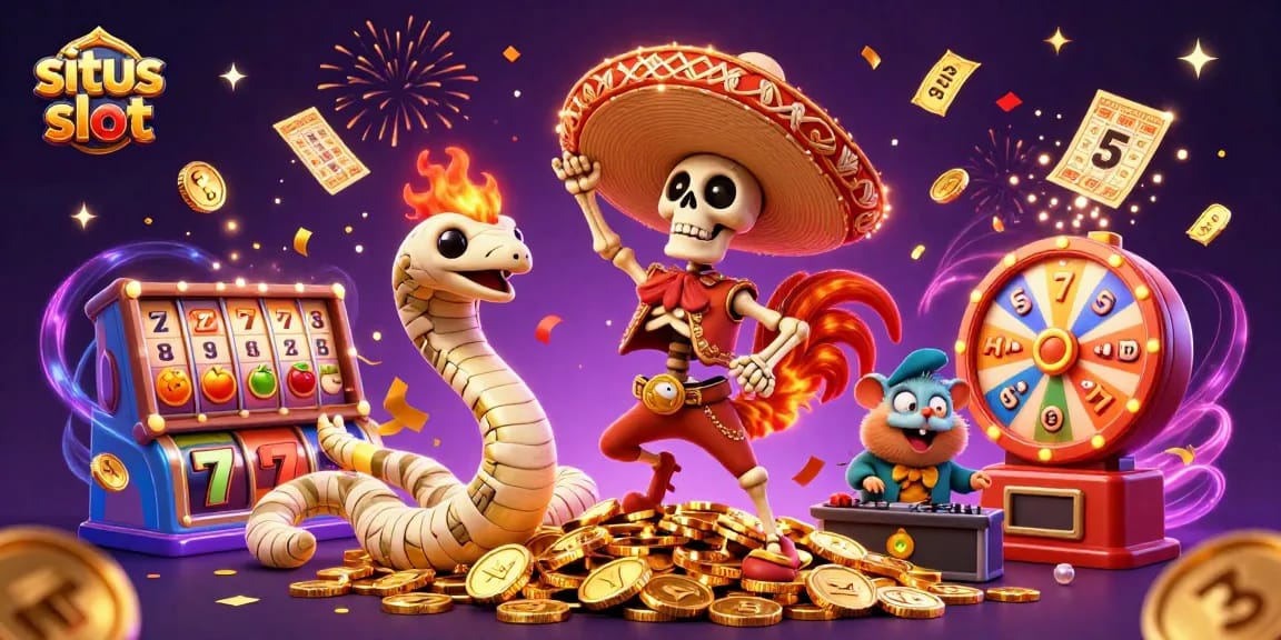 Situs slot showcases a vibrant scene with a victorious mariachi rooster and dynamic slot game elements.
