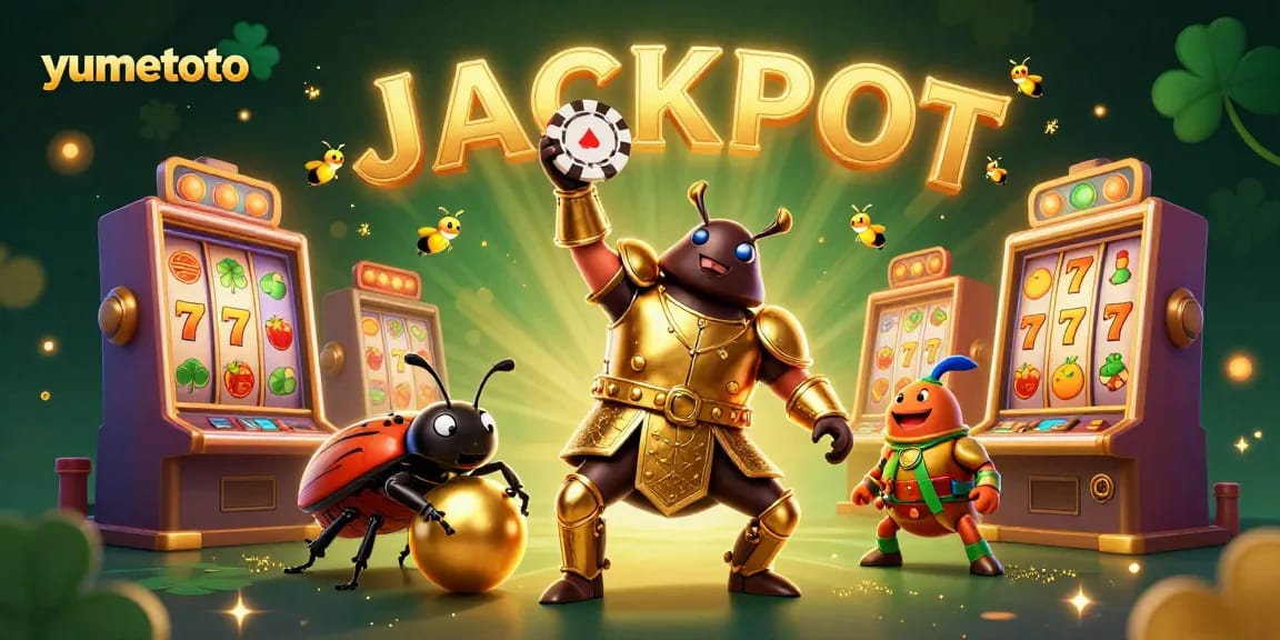 Win with yumetoto: Exciting 3D illustration of beetles celebrating a big jackpot in an immersive casino experience.
