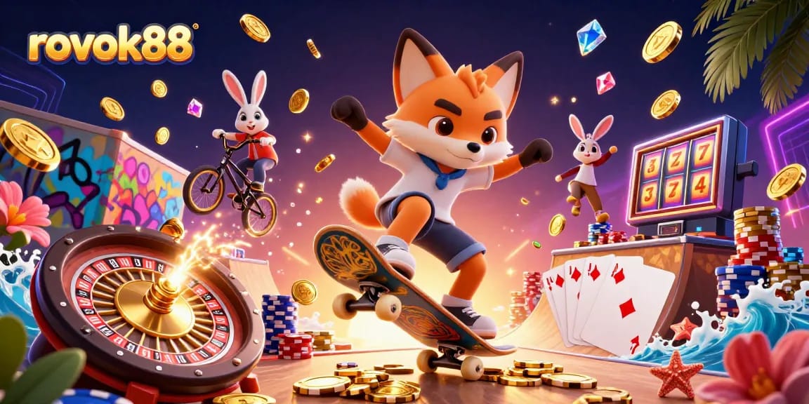 Engage with rokok88 as the skateboarder fox nails a kickflip over poker chips, dynamic casino scene.