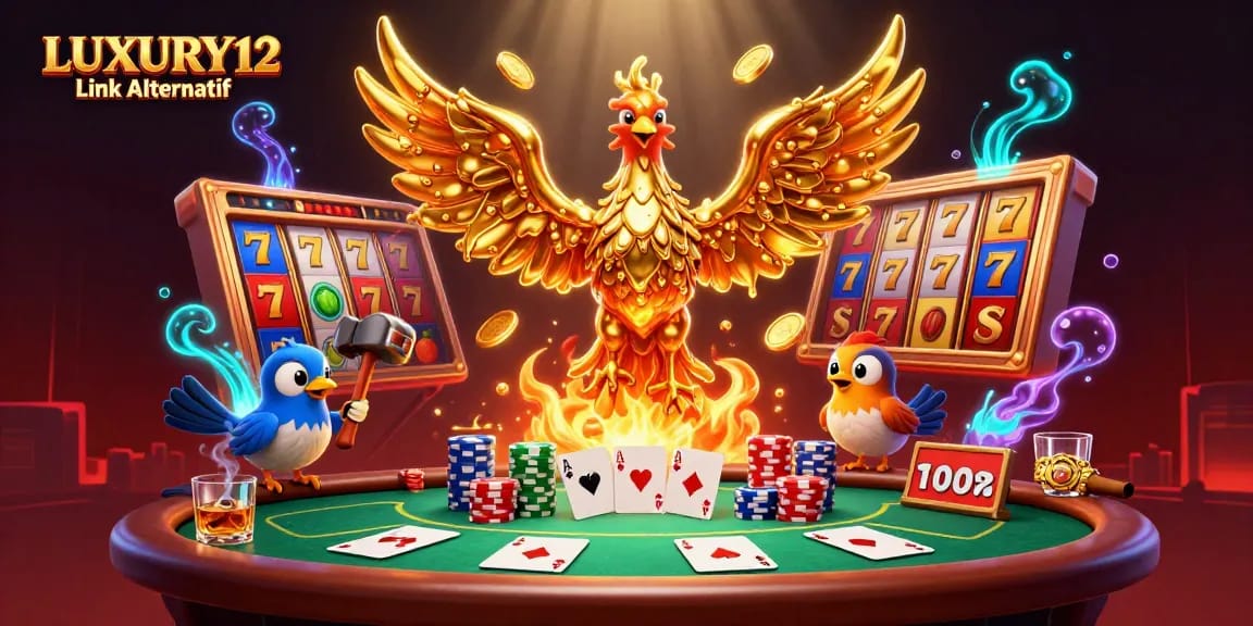 LUXURY12 Link Alternatif showcases an electrifying 3D casino scene with dynamic slot reels spinning and golden characters for optimal gaming experience