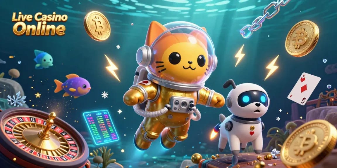 Engage in thrilling Live Casino Online action with a cat astronaut and robot dog amid vibrant gaming visuals.