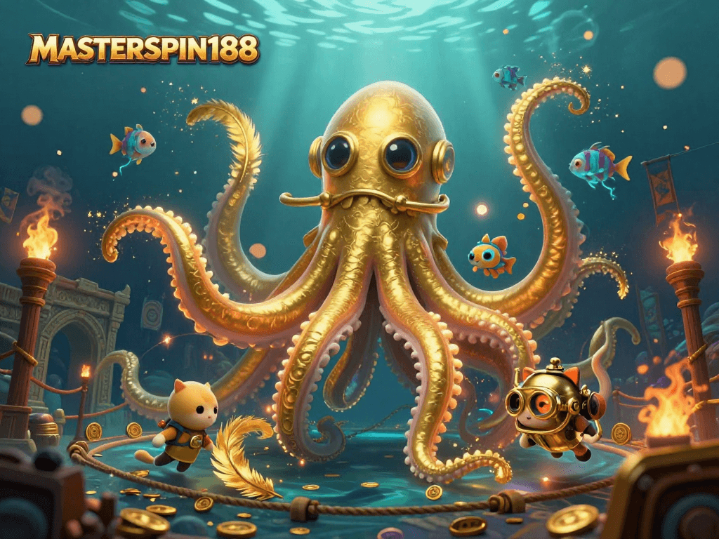 Engage with thrilling gaming at MASTERSPIN188 featuring a vibrant kraken and a diving cat.