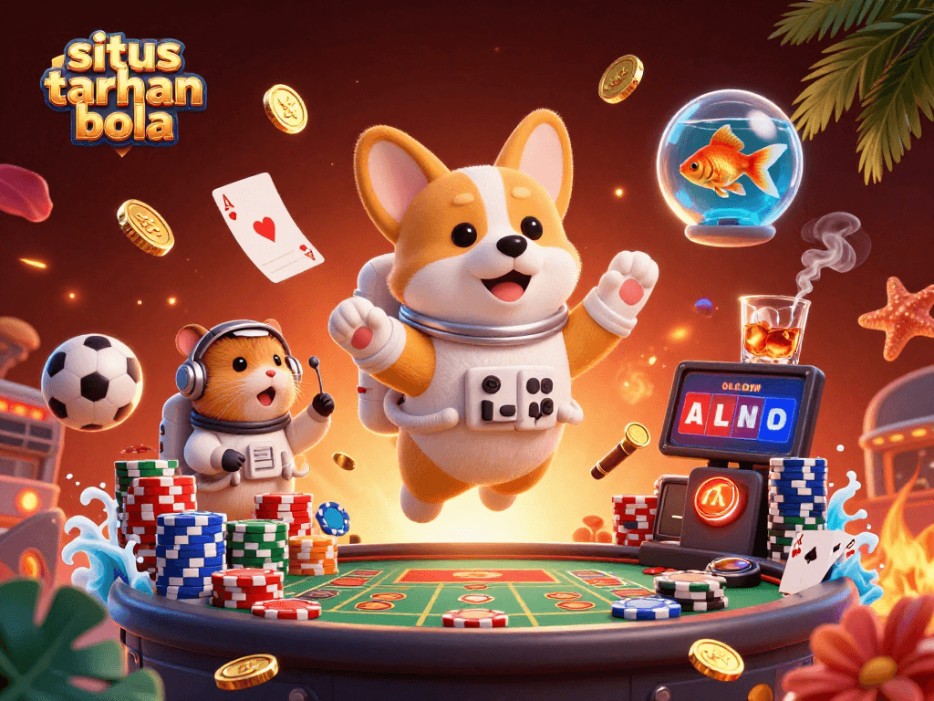 Engage in situs taruhan bola with a vibrant casino scene featuring a corgi astronaut and playful game elements.