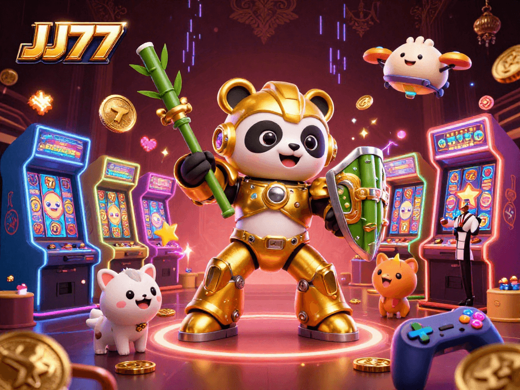 JJ77 brings thrilling gameplay to life with vibrant slot reels, a golden panda robot, and cheering fans.