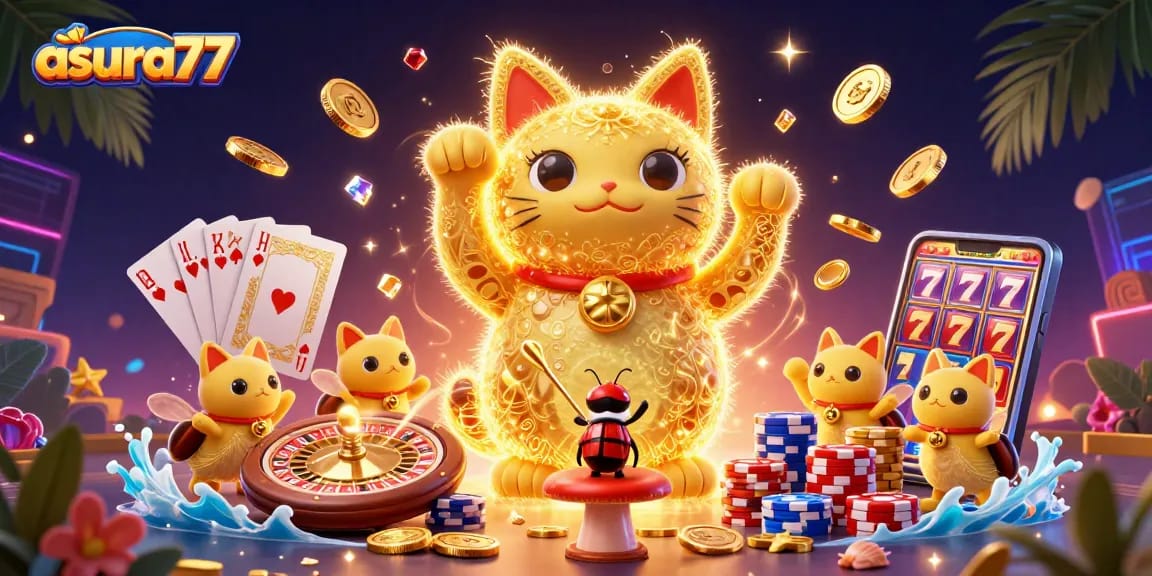 Play exciting slots with asura77, featuring a vibrant 3D scene of a lucky cat and casino symbols.