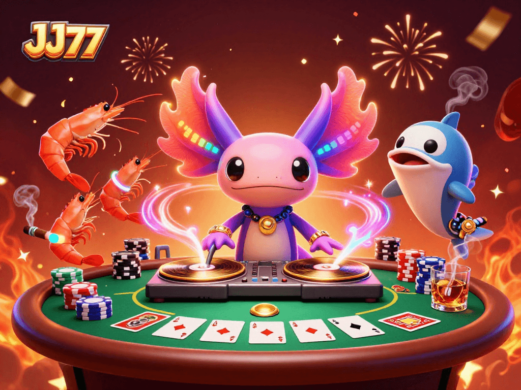 Engage with the vibrant JJ77 casino scene featuring a neon axolotl DJ spinning records.
