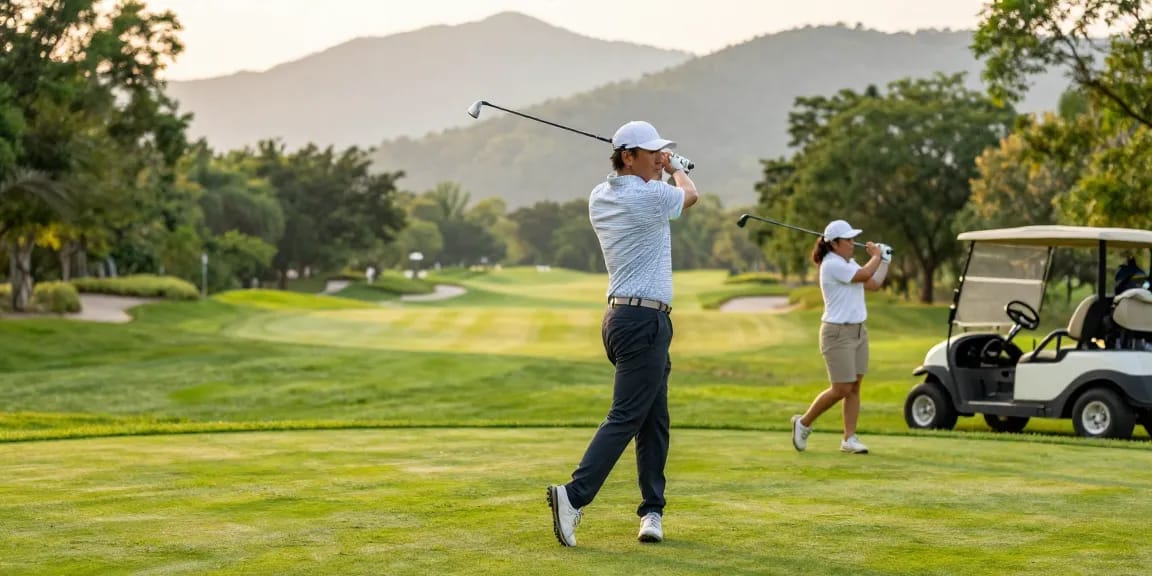Pemain golf melakukan swing di lapangan golf Kato City sambil mencari bro178 login dengan latar pemandangan indah.