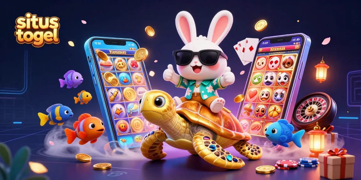 Permainan situs togel yang menarik dengan kelinci dan kura-kura emas, penuh detail dan warna.