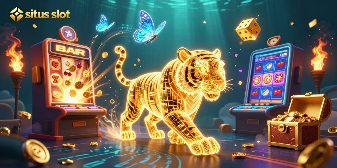 Engage with exciting situs slot elements featuring a majestic golden tiger and dynamic casino visuals.