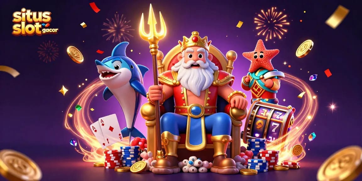 Engage with the vibrant world of situs slot gacor through this colorful illustration featuring Neptune and exciting gaming elements.