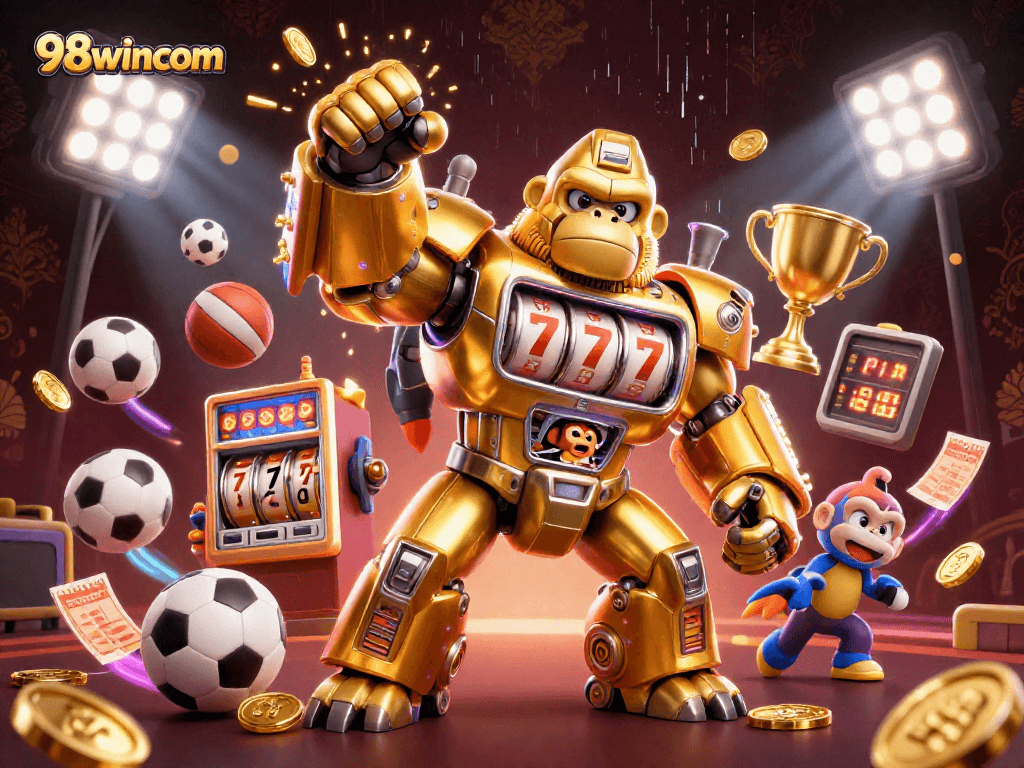 Experience thrilling gameplay with 98wincom, featuring a dynamic gorilla mech amidst flying sports elements.