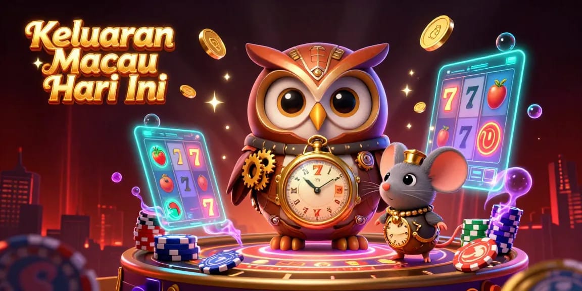 Keluaran Macau Hari Ini illustration showcasing 3D cartoon owl and futuristic casino, dynamic game elements, and vibrant colors.